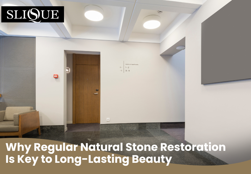 Side-by-side images showing a dull, stained stone floor restored to a clean, polished finish.