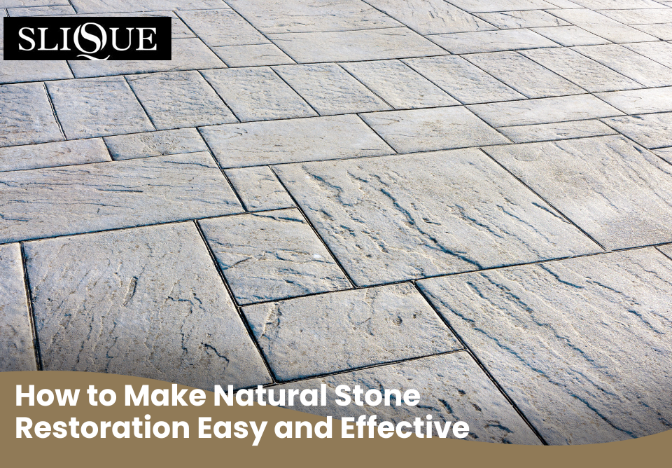 Before and after image of natural stone tiles undergoing professional restoration and polishing.